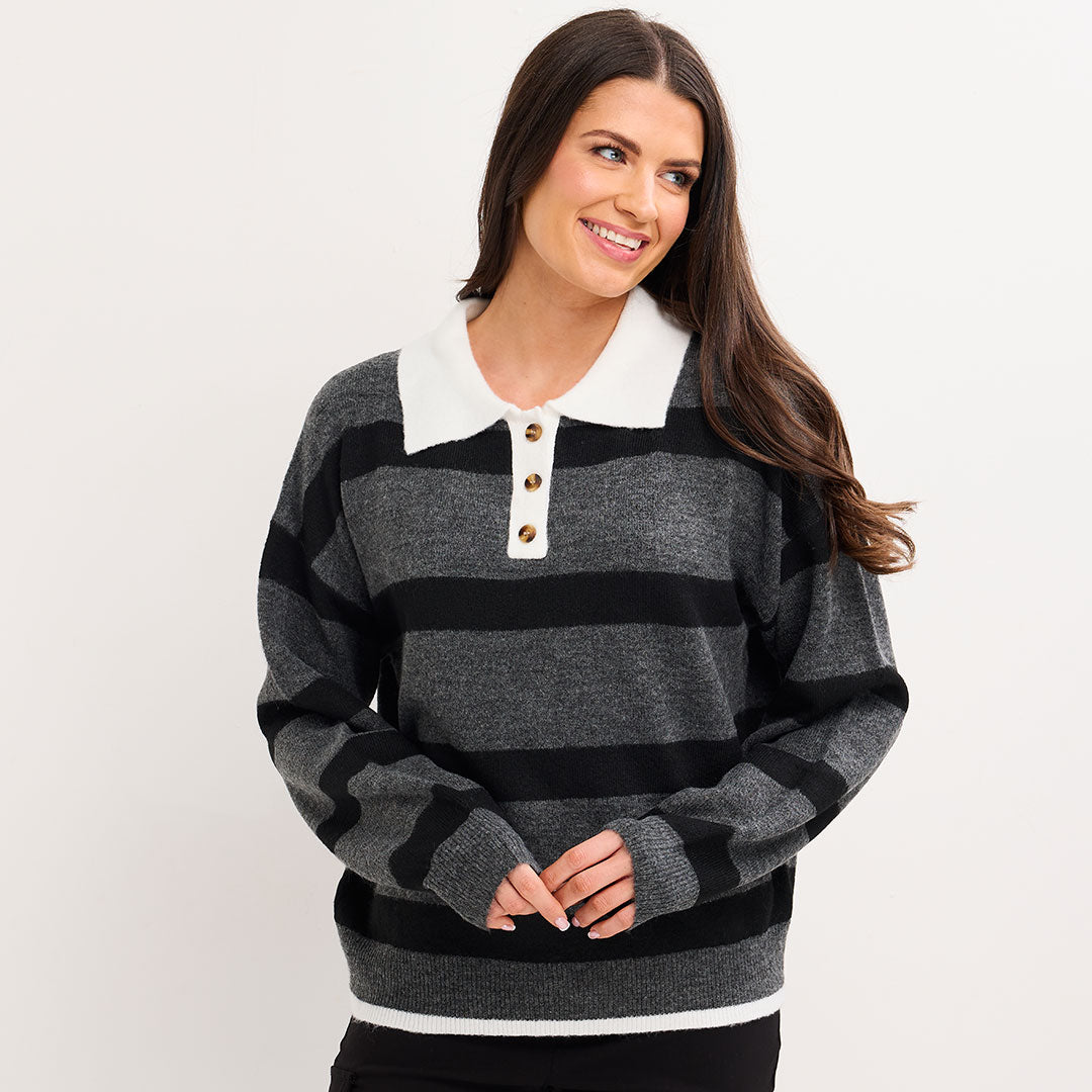 Stripe Knitted Polo Jumper