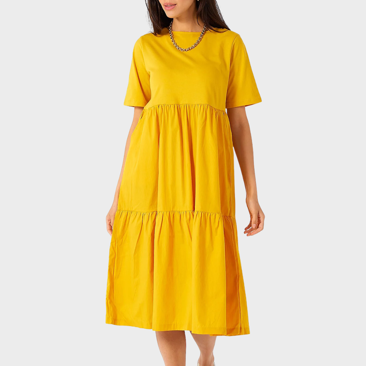 Ladies Yellow Cotton Jersey Tiered Dress