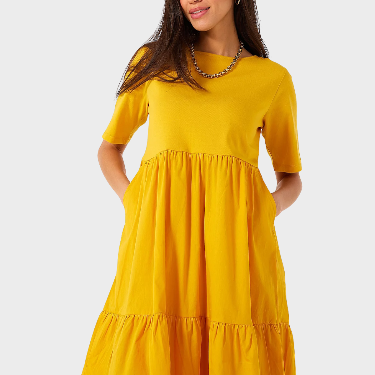 Ladies Yellow Cotton Jersey Tiered Dress