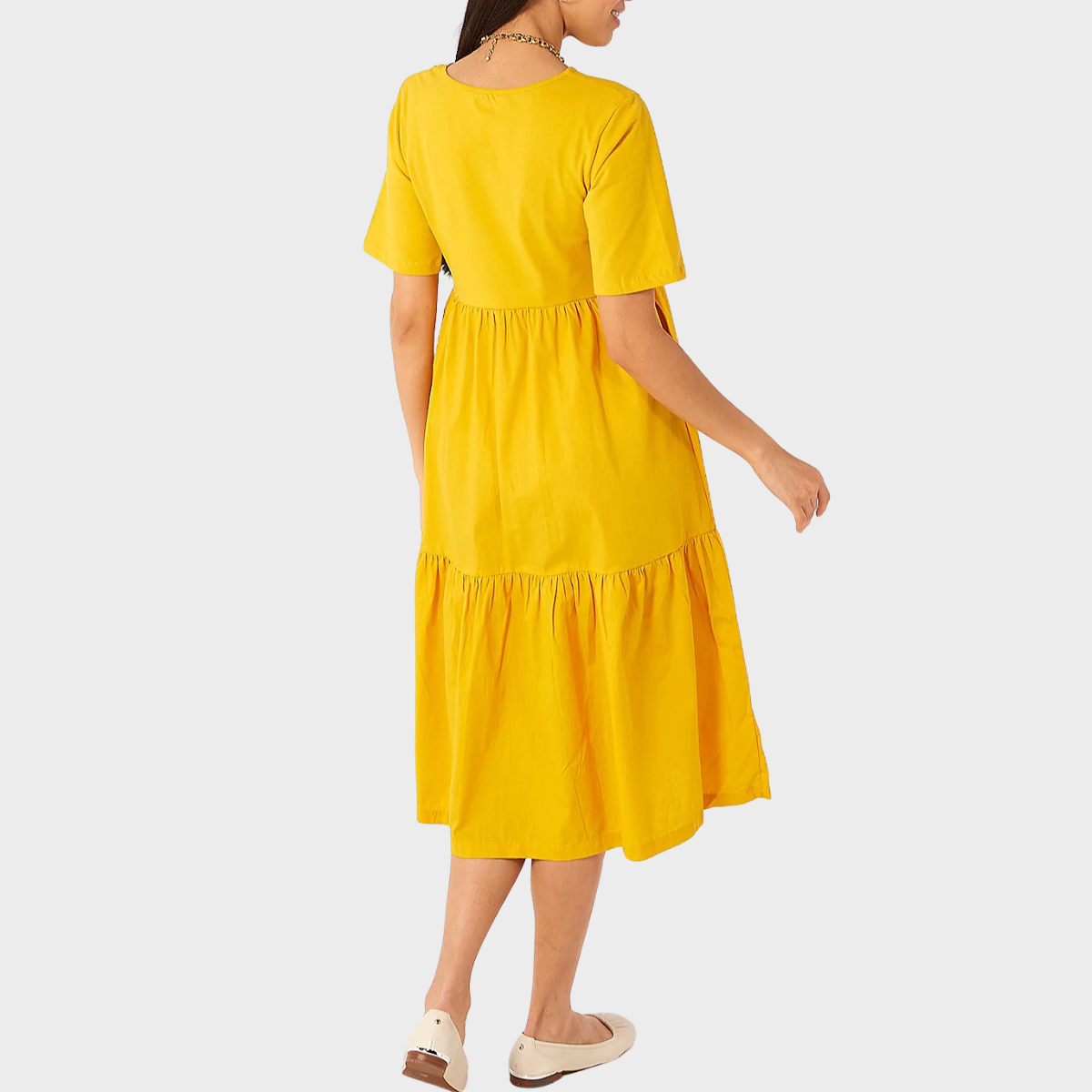 Ladies Yellow Cotton Jersey Tiered Dress