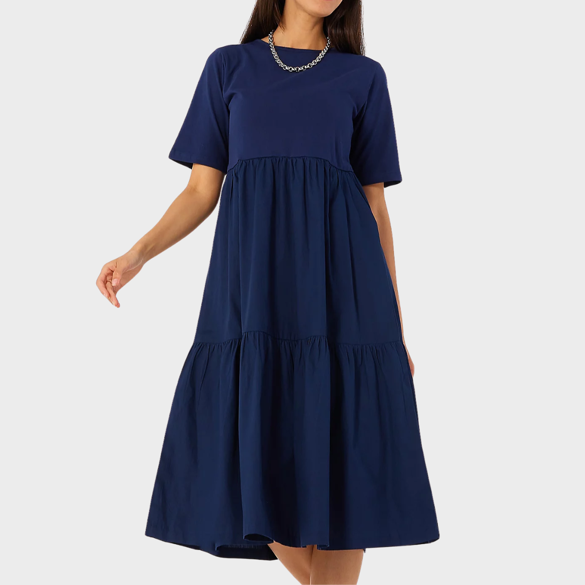 Ladies Navy Cotton Jersey Tiered Dress