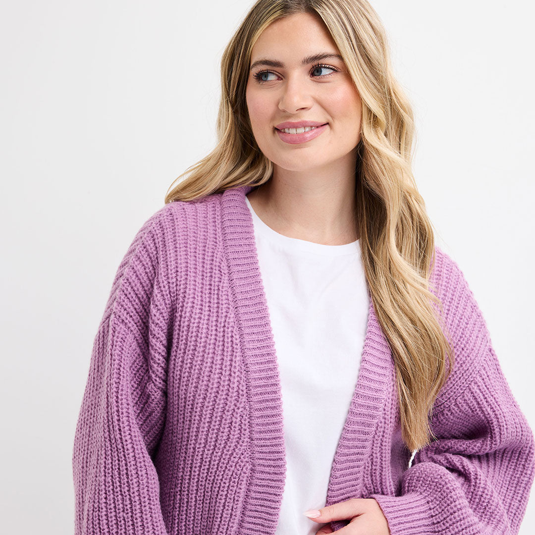 Ladies Mauve Chunky Fisherman Knit Cardigan