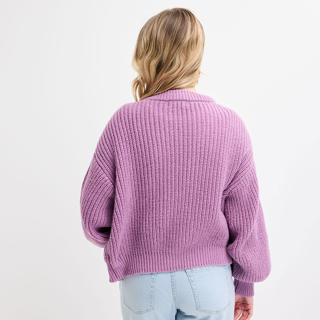 Ladies Mauve Chunky Fisherman Knit Cardigan
