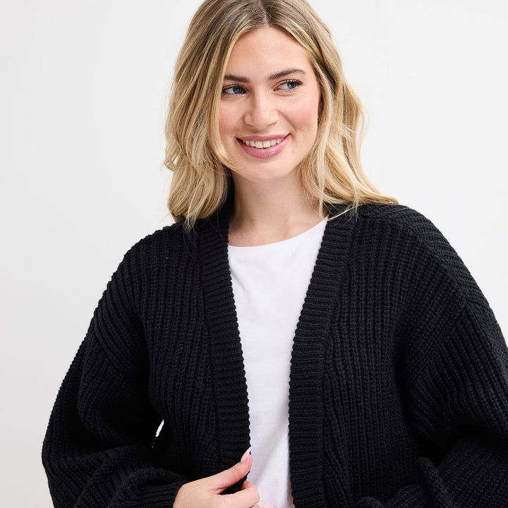 Ladies Black Chunky Fisherman Knit Cardigan