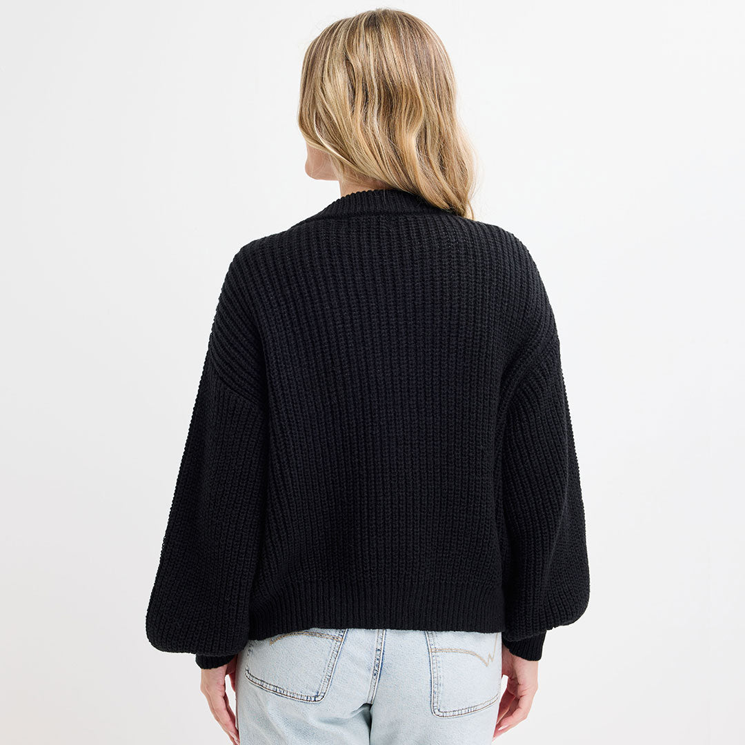 Ladies Black Chunky Fisherman Knit Cardigan