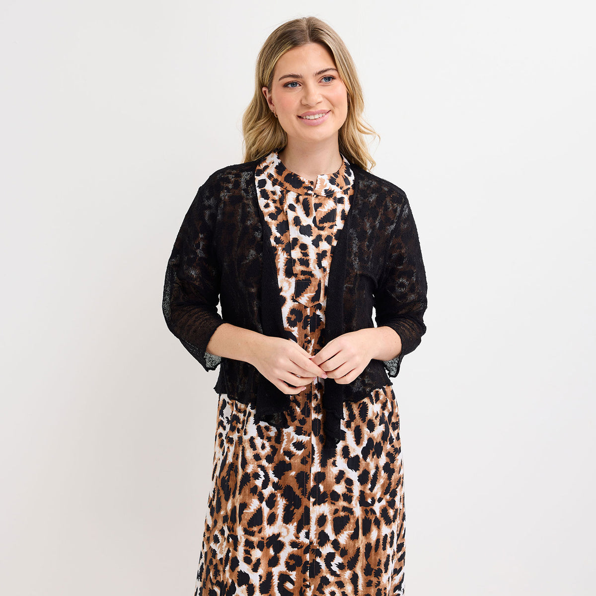 Ladies Black Popcorn Waterfall Knit Cardigan