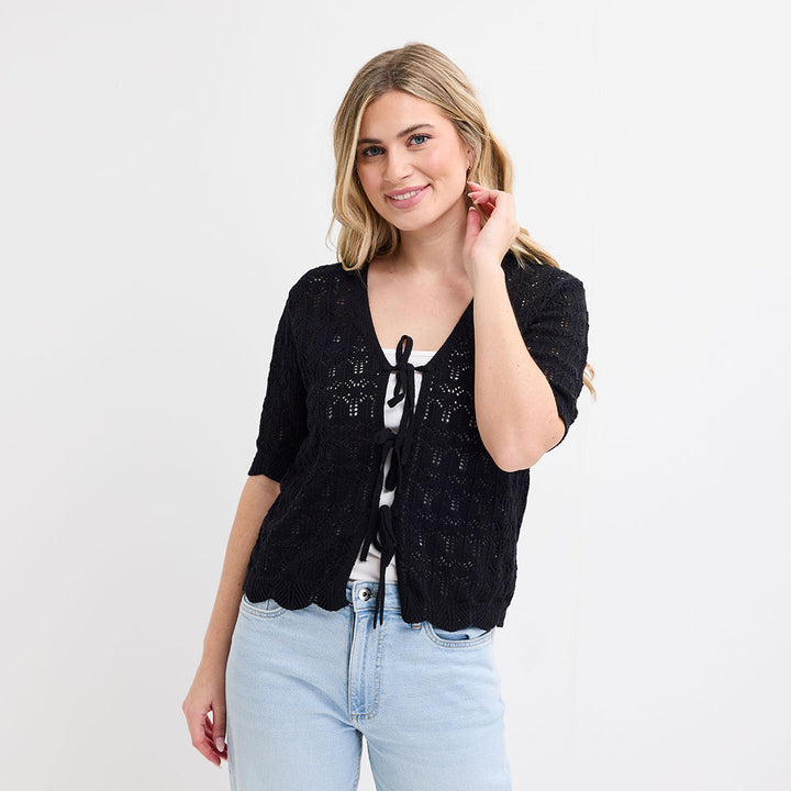 Ladies Black Short Sleeve Bow Cardigan