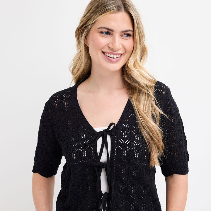 Ladies Black Short Sleeve Bow Cardigan