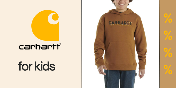 Big savings on kid`s Carhartt hoodies, tees and joggers. They are selling FAST - hurry up and treat your little one!
