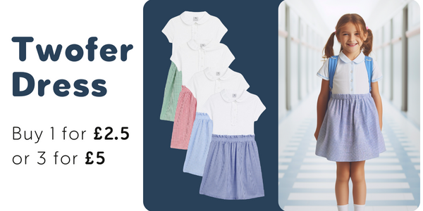 Get your little one ready for warmer school days: selection of 4 twofer dresses, where each one if £2.5, or get THREE for £5