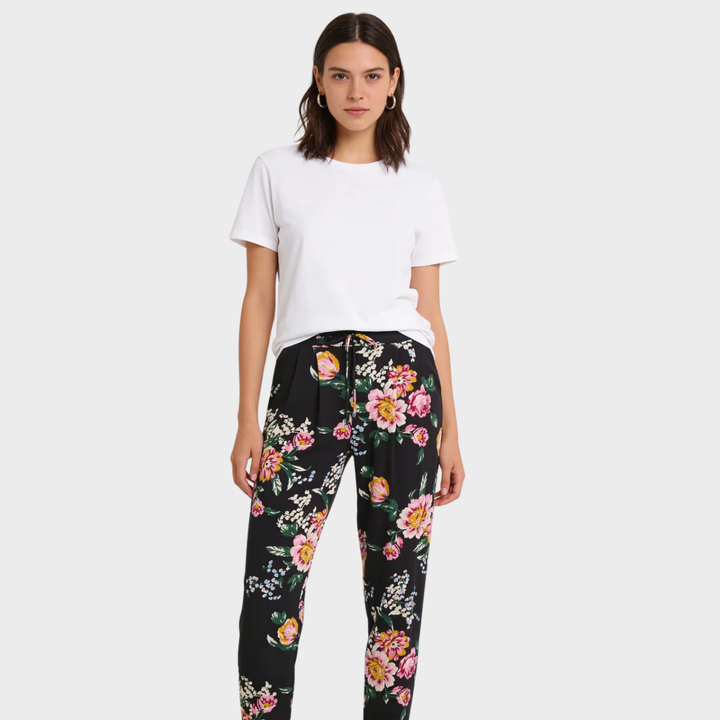 Ladies Black Flower Printed Trousers