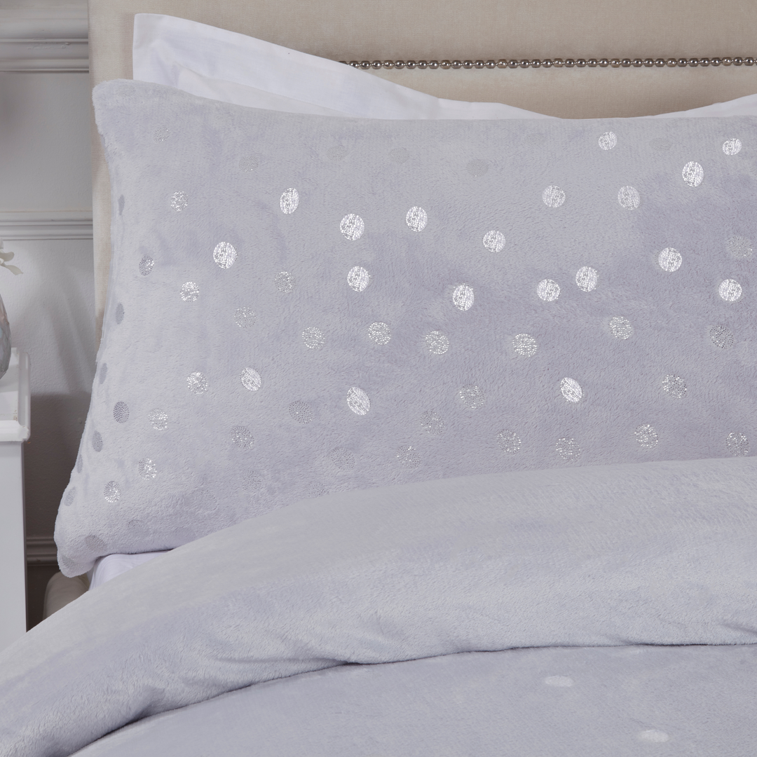 Grey Foil Polka Dot Flannel Fleece King Duvet Set