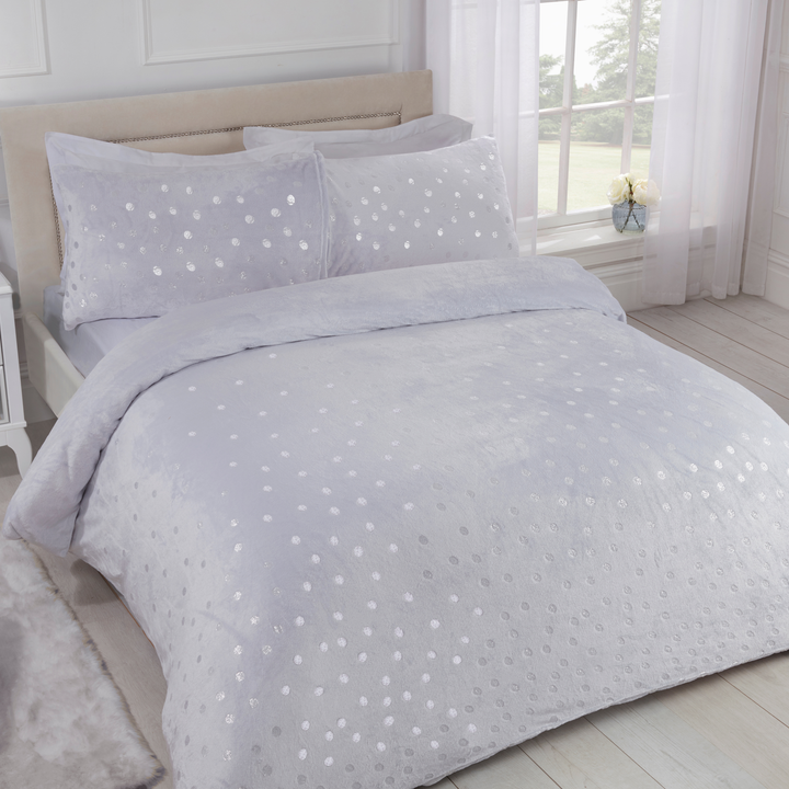 Grey Foil Polka Dot Flannel Fleece King Duvet Set