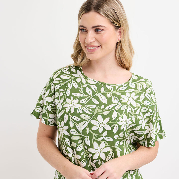 Printed Green Floral Viscose Top