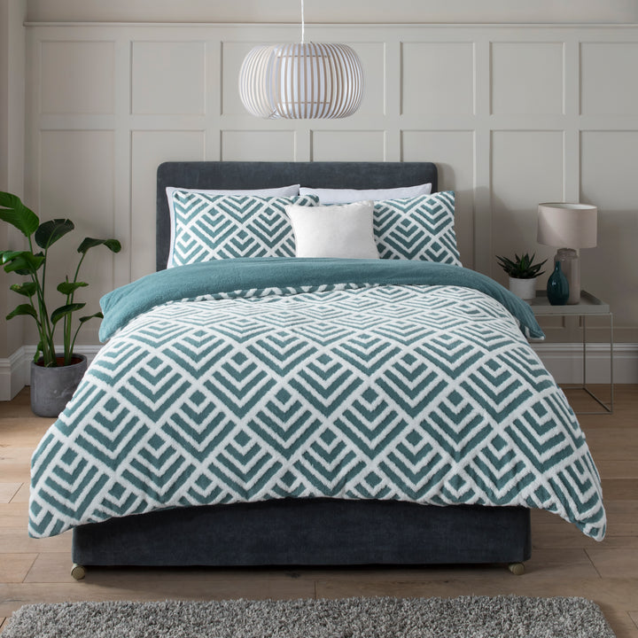 Sleepdown Reversible Geo Jacquard Fleece King Duvet Set Teal