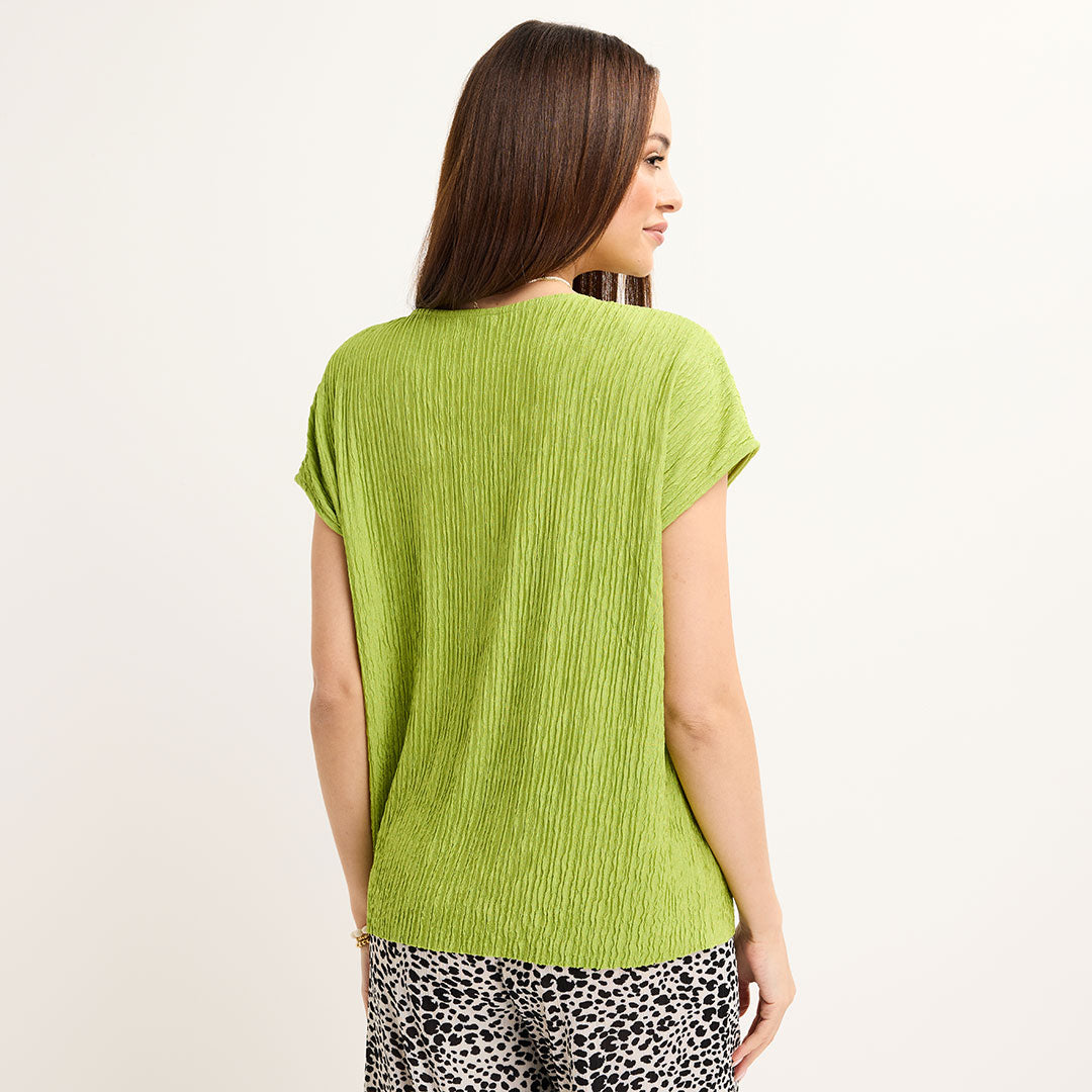 Ladies Lime V Neck Button Plisse Top