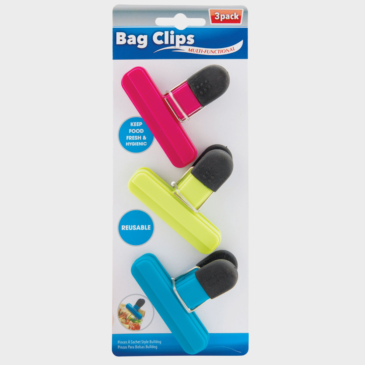 Bag Clips Bulldog Style 3 Pack Assorted Colors