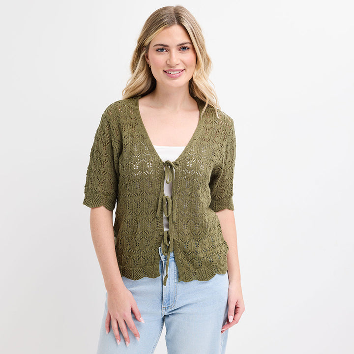 Ladies Green Short Sleeve Bow Cardigan