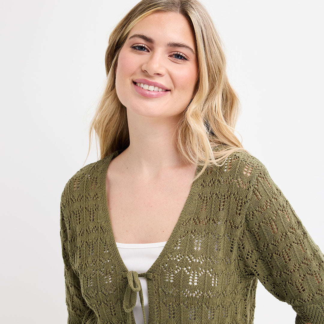 Ladies Green Short Sleeve Bow Cardigan