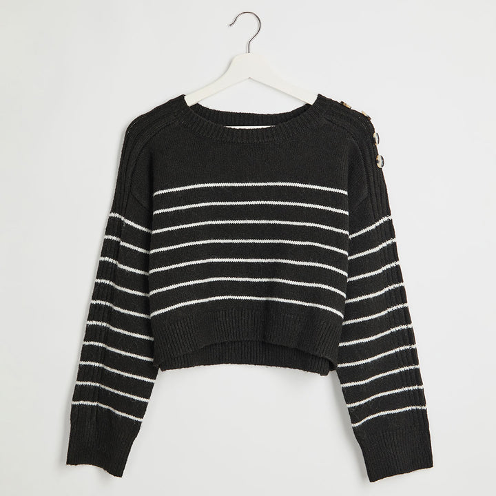 Ladies Black Stripe Button Shoulder Cropped Jumper