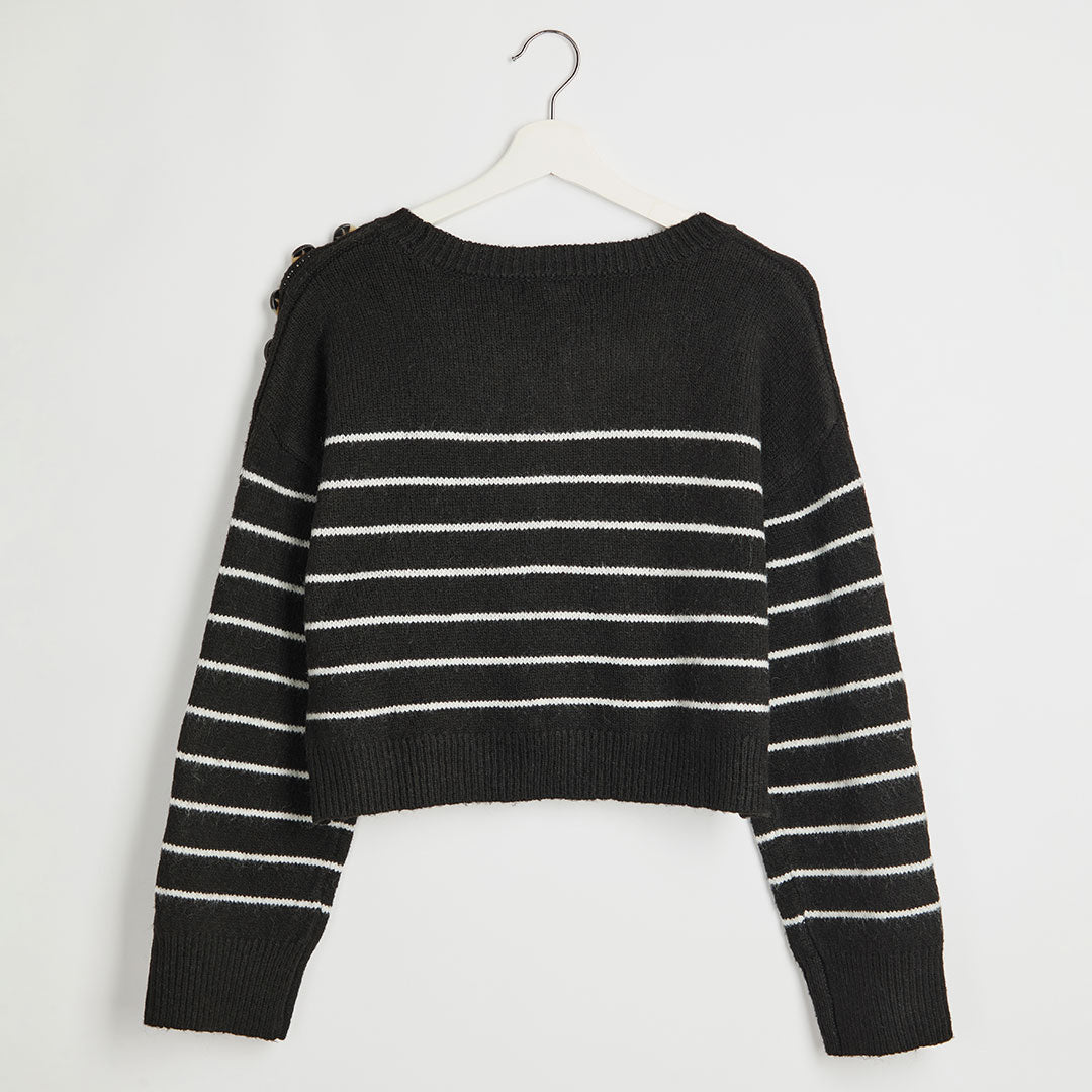 Ladies Black Stripe Button Shoulder Cropped Jumper