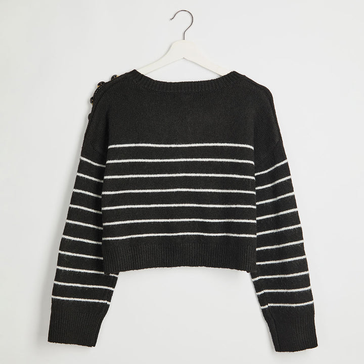 Ladies Black Stripe Button Shoulder Cropped Jumper