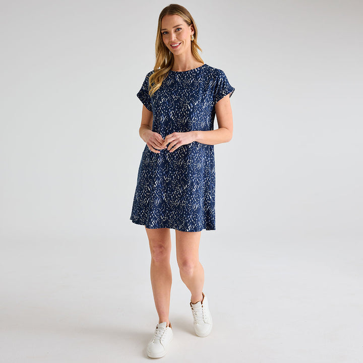 Ladies Navy Print Crew Neck Dress