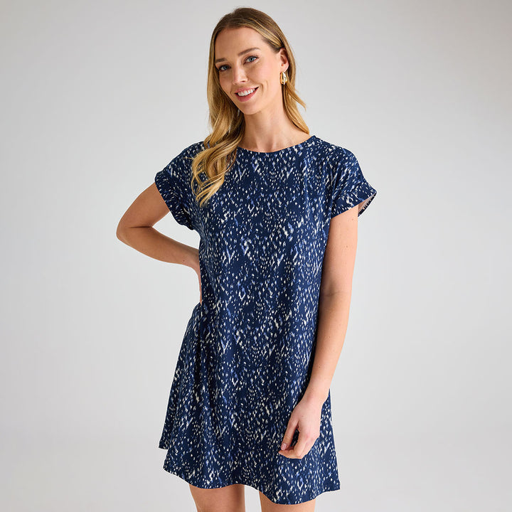 Ladies Navy Print Crew Neck Dress