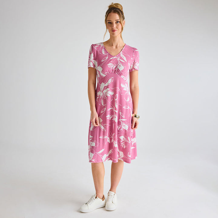 Ladies Pink Giant Floral V-Neck Printed Dress