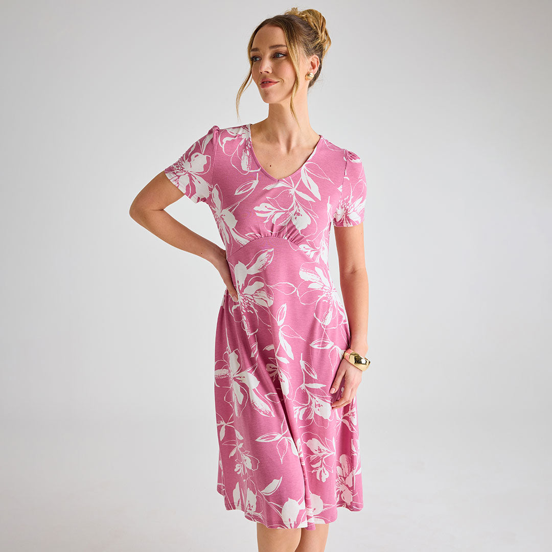 Ladies Pink Giant Floral V-Neck Printed Dress