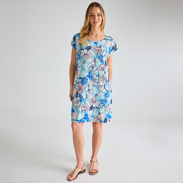 Ladies Blue Floral Cap Sleeve Printed Dress