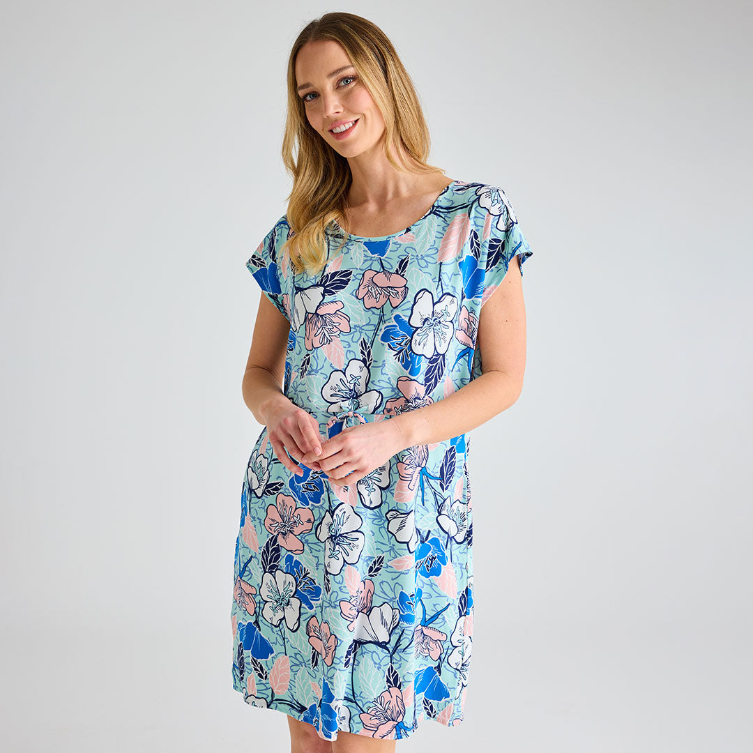 Ladies Blue Floral Cap Sleeve Printed Dress