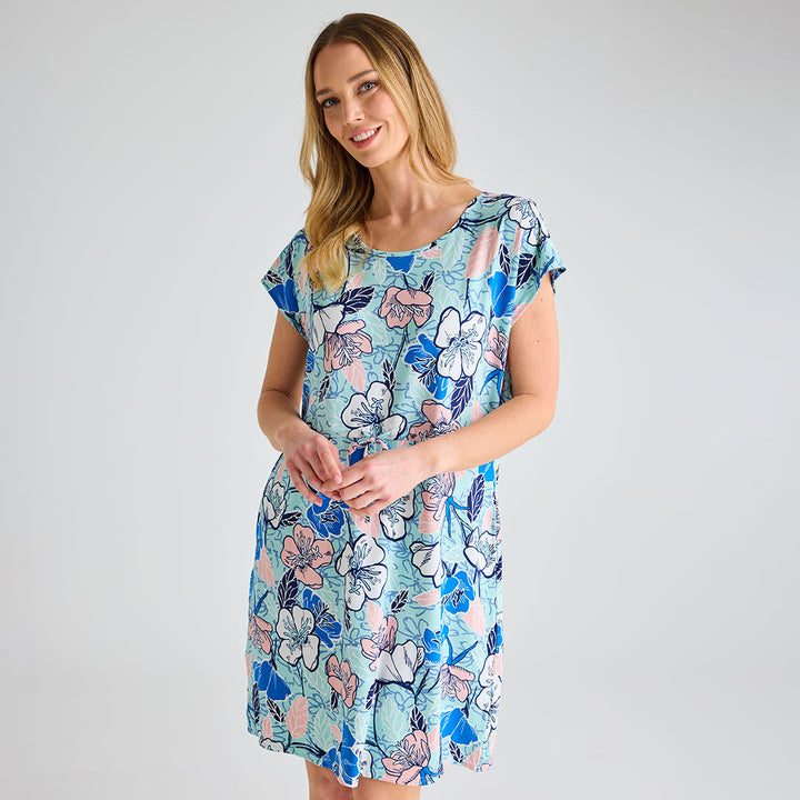 Ladies Blue Floral Cap Sleeve Printed Dress