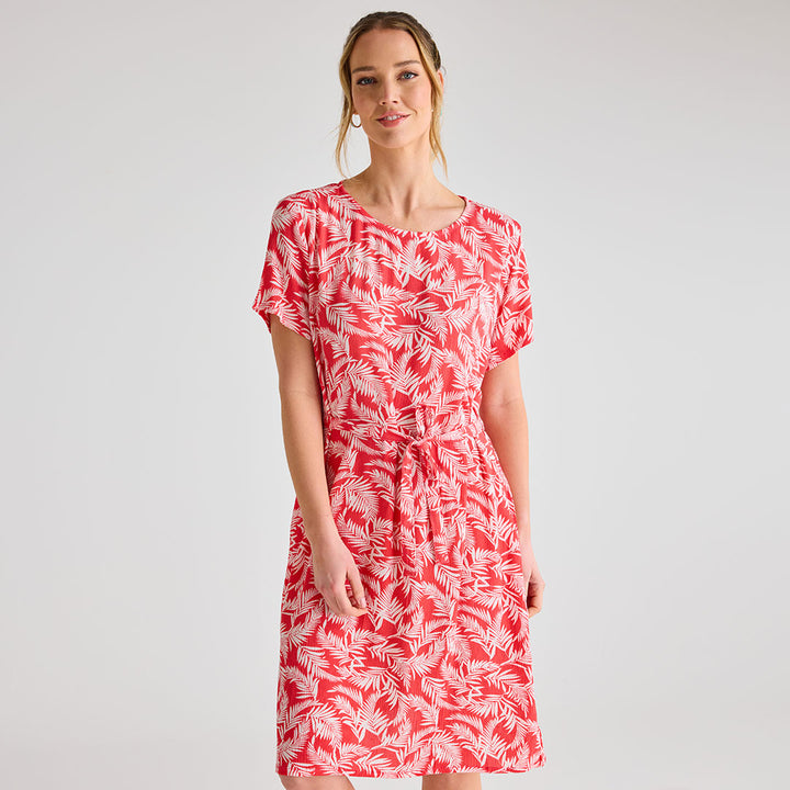 Ladies Coral Palm Print Dress