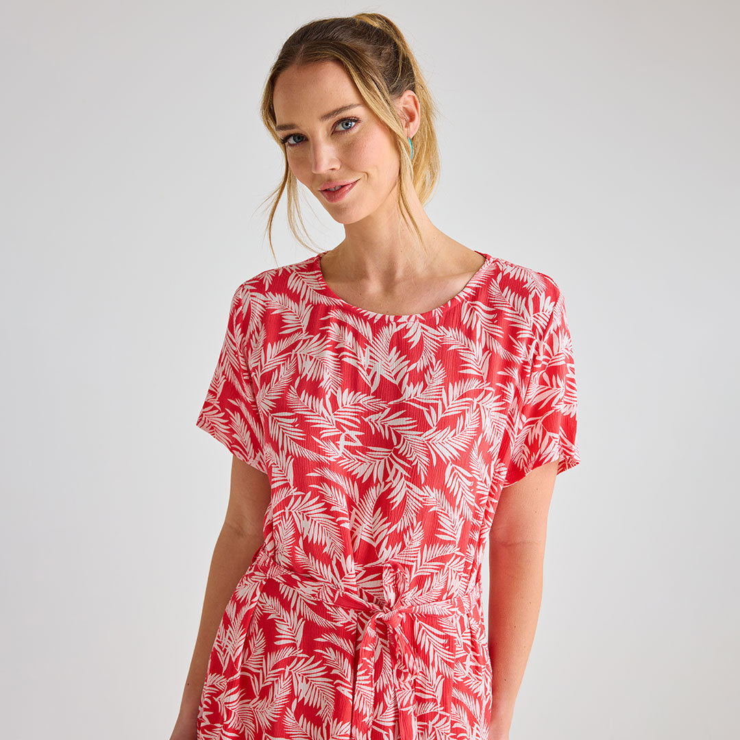 Ladies Coral Palm Print Dress