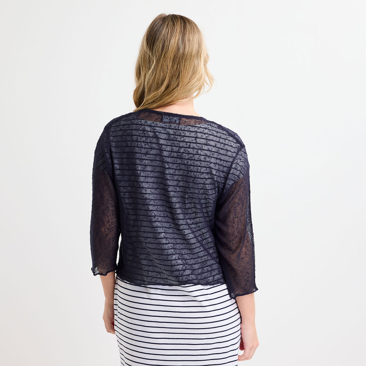 Ladies Navy Popcorn Waterfall Knit Cardigan