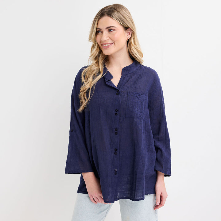 Ladies Crinkle Button Through Shirt