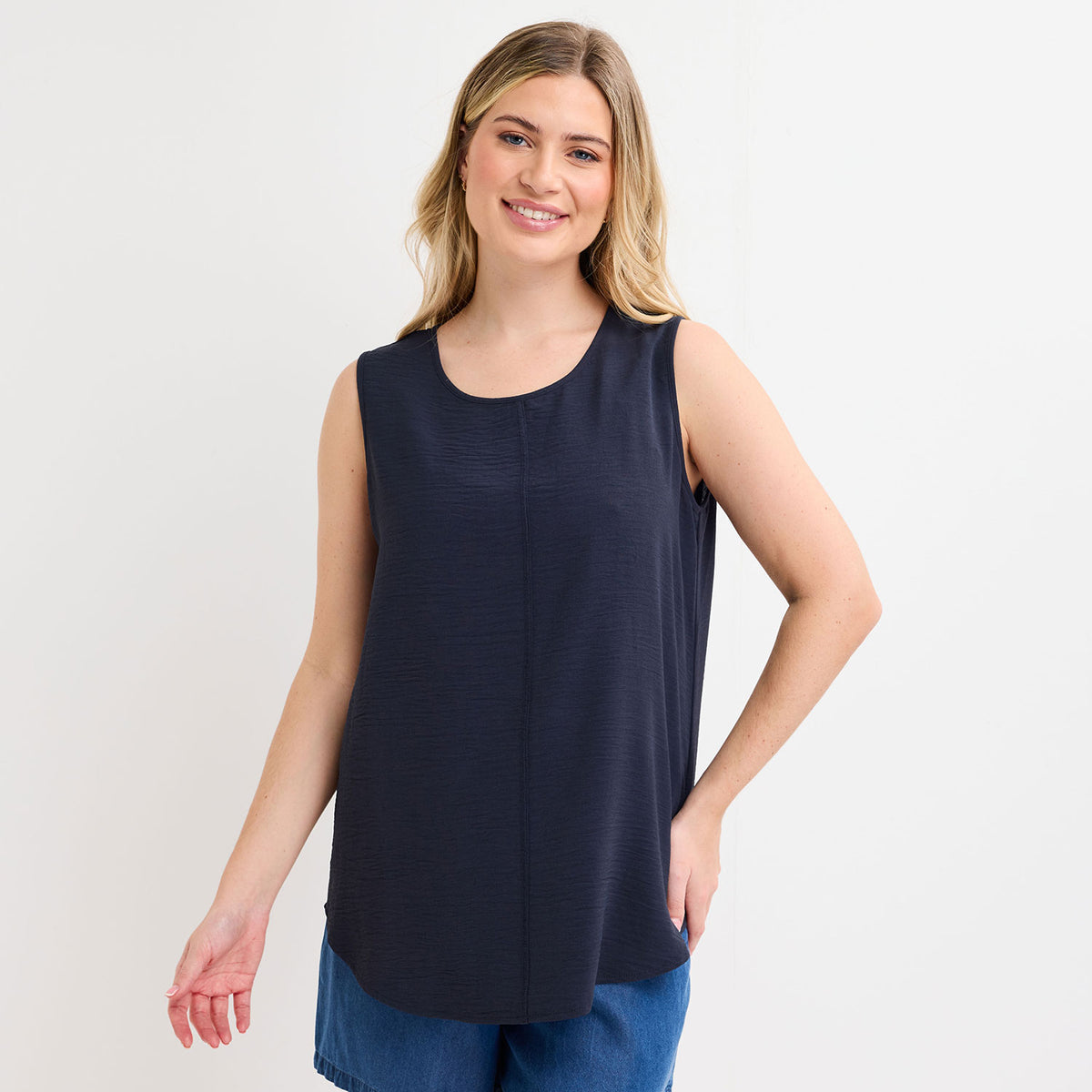 Ladies Navy Button Front Sleeveless Top