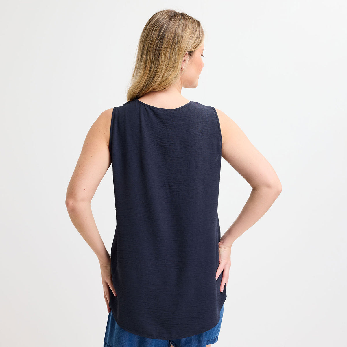 Ladies Navy Button Front Sleeveless Top