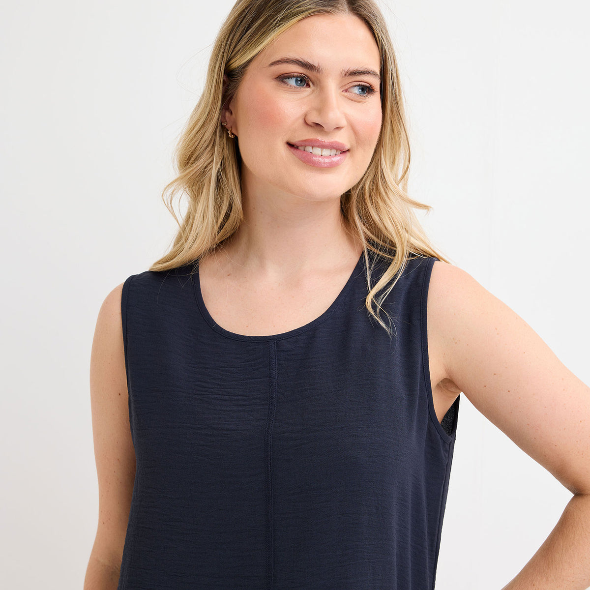 Ladies Navy Button Front Sleeveless Top
