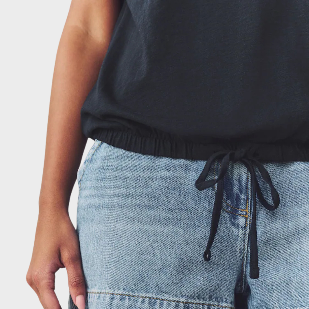 Ladies Bubble Hem Navy Tie Top