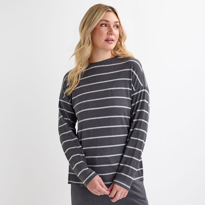 Ladies Dark Grey Crew Neck Stripe Top