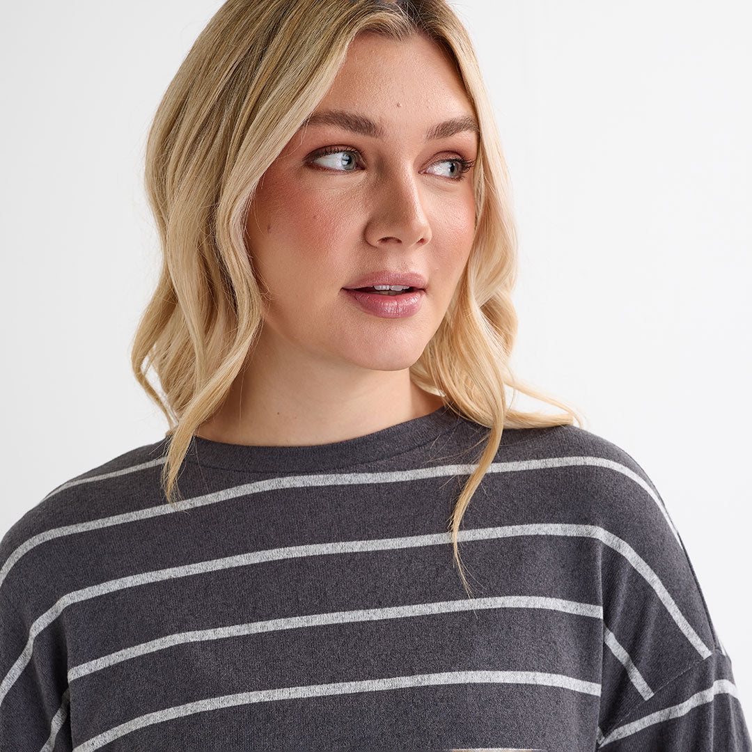 Ladies Dark Grey Crew Neck Stripe Top