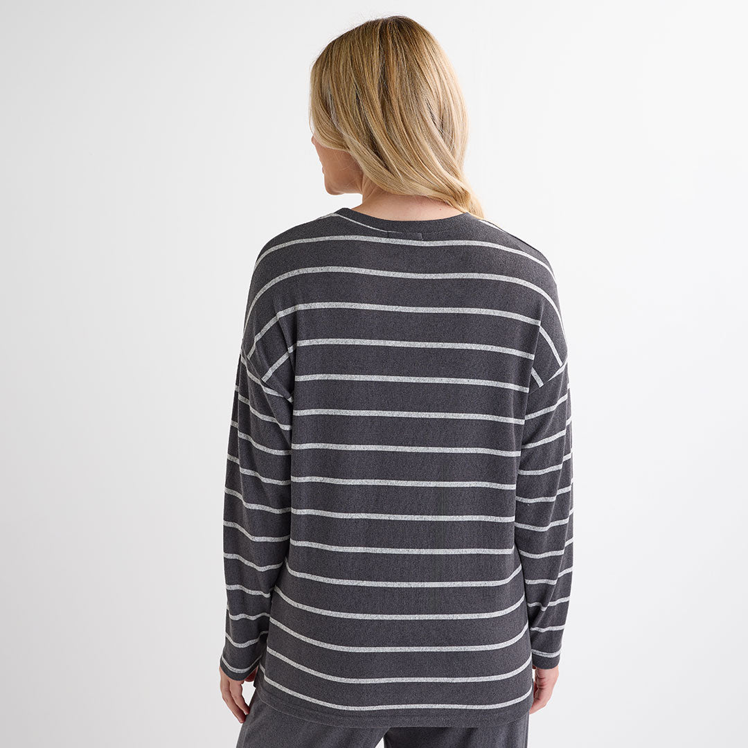 Ladies Dark Grey Crew Neck Stripe Top