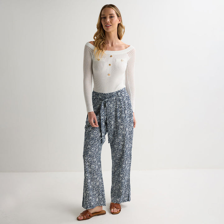 Ladies Navy Flower Printed Linen Trousers