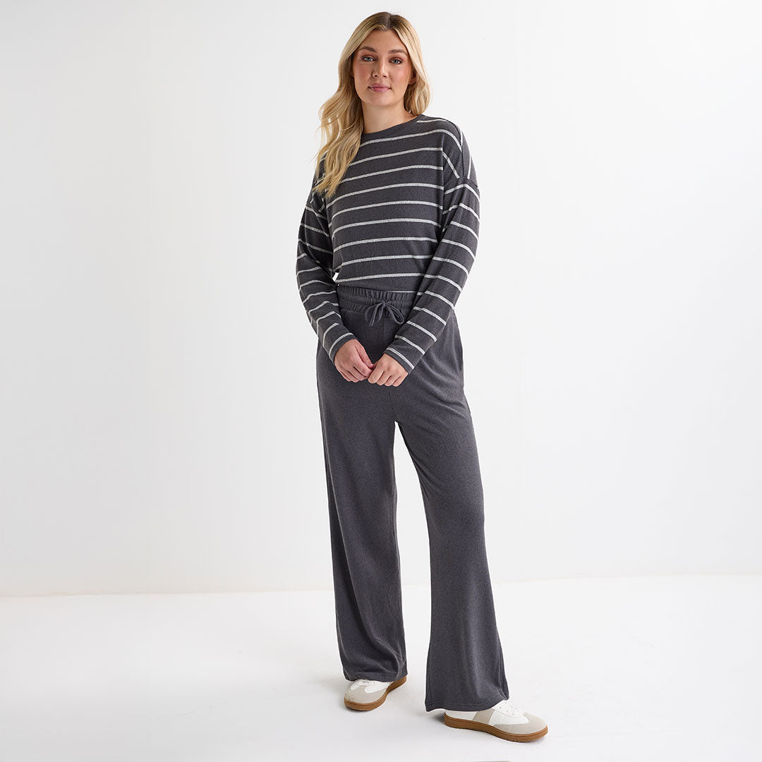 Ladies Dark Grey Crew Neck Stripe Top