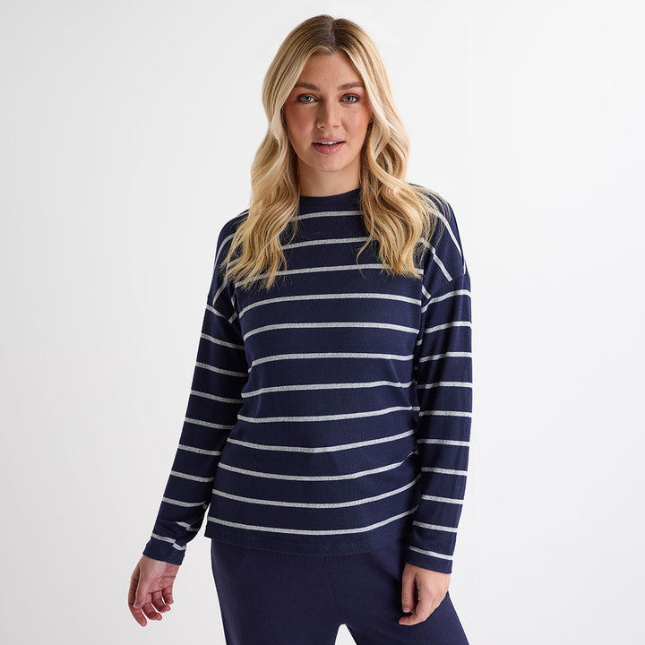 Ladies Navy Crew Neck Stripe Top