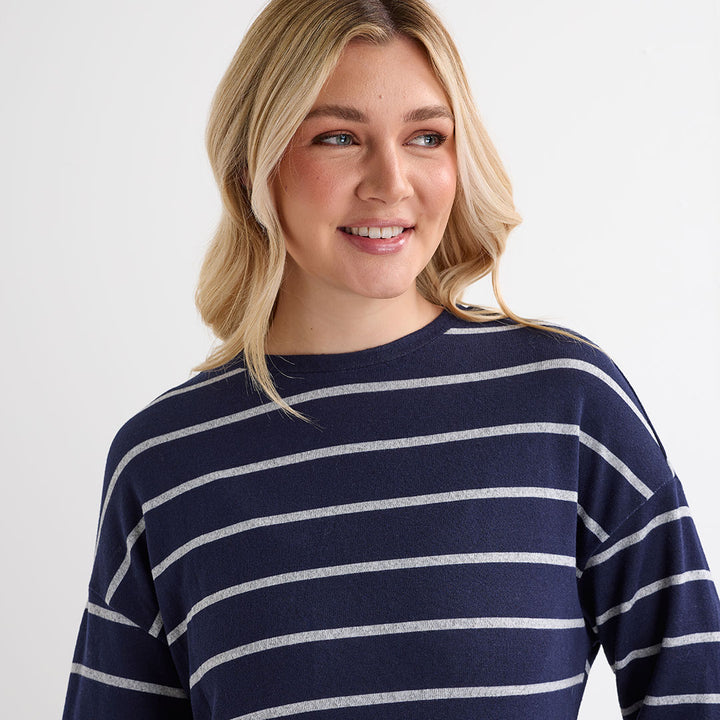 Ladies Navy Crew Neck Stripe Top