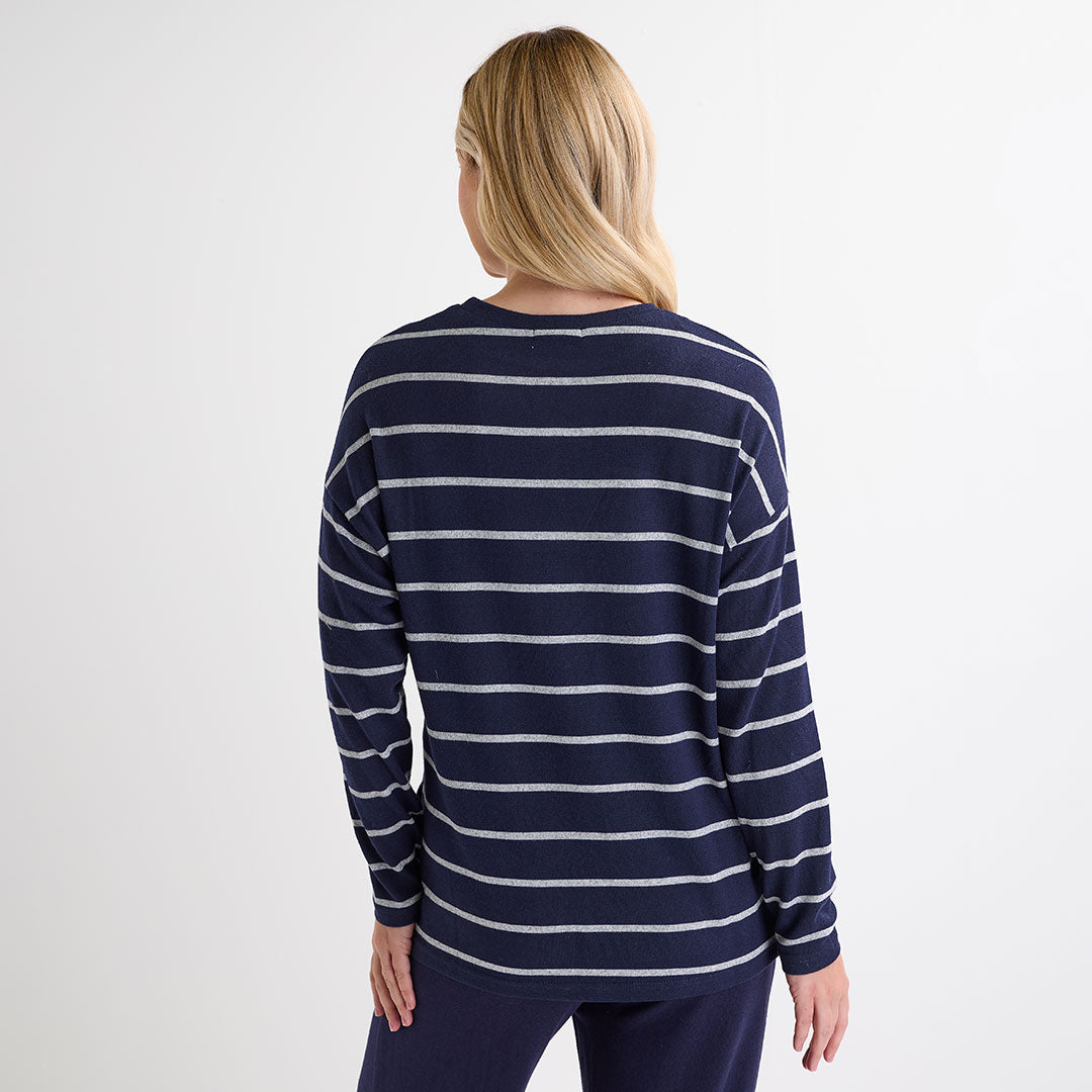 Ladies Navy Crew Neck Stripe Top