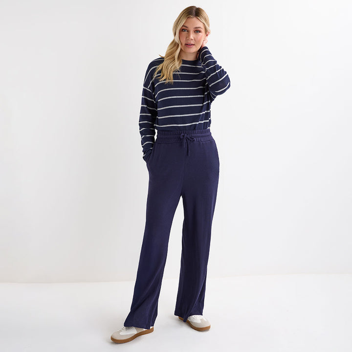Ladies Navy Crew Neck Stripe Top